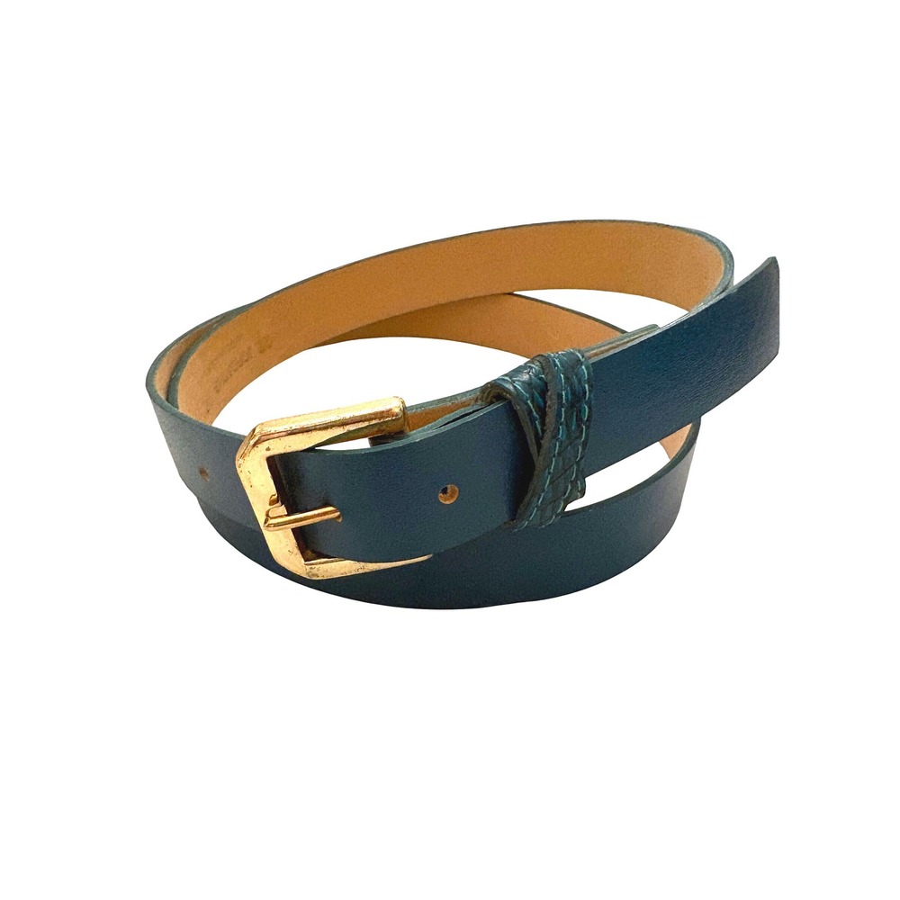 Vintage Jordache Teal Leather Belt Made USA Gold Buckle Plus Size XL 1X 80s 90s
